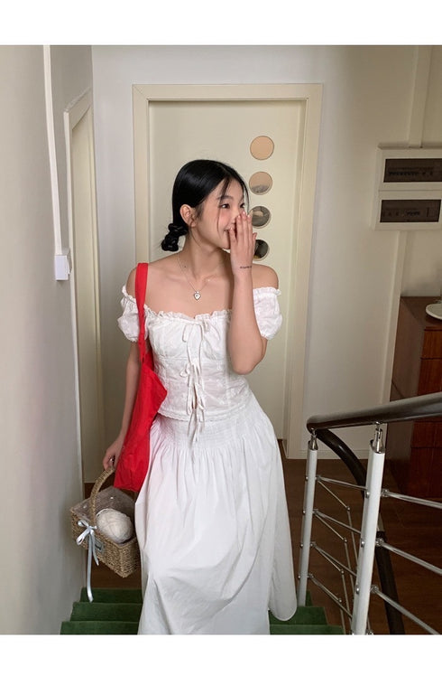 Cotton Square Bow Embroidered Puff Sleeves Blouse